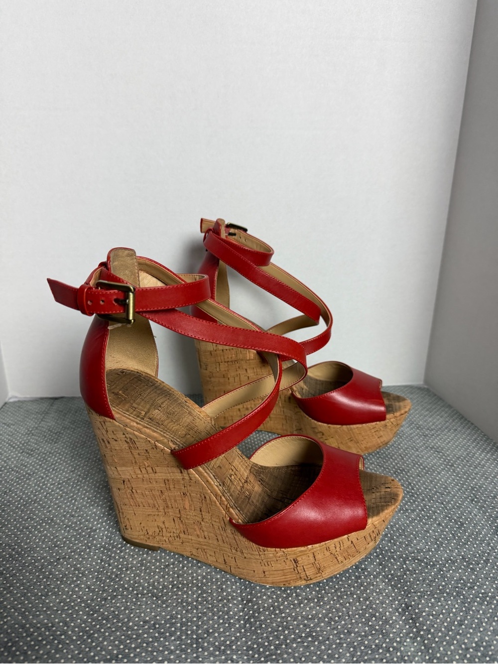 Michael Kors Red Leather Cork Wedge Sandals with Ankle Straps